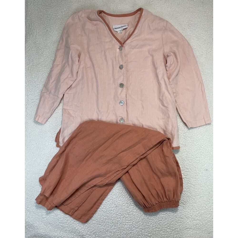 Vintage 100% Linen 2 Piece Set Blouse Pants Womens 20 Plus Stephanie Thomas